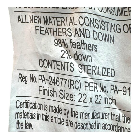 Vtg 18" Down Feather Pillow Insert Lot 2 White Square Throw Pillow Cushions READ - Picture 5 of 6